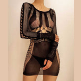 Fishnet long sleeve hollow out see through mini dress | red tango dress