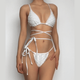 Flower textured solid cross back self tie bikini swimwear