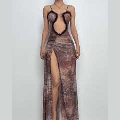Sheer mesh hollow out ruched high slit cami cut out maxi dress | samba dress