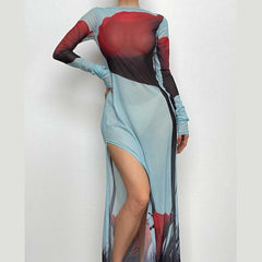 Sheer mesh see through abstract contrast long sleeve slit maxi dress | samba dress