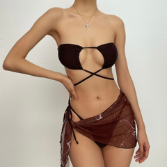Cross front halter hollow out self tie mini dress 3 piece swimwear | red tango dress