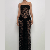 Lace ruched ruffle see through tube maxi dress