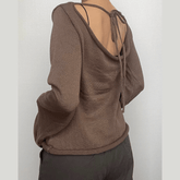 Knitted flared sleeve solid self tie backless top