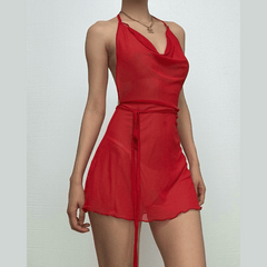 Halter cowl neck sheer mesh ruffle mini dress | red tango dress | samba dress