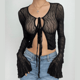 Self tie see through long flared sleeve textured crop top