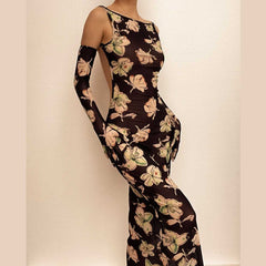 Sheer mesh sleeveless gloves backless flower pattern midi dress | samba dress
