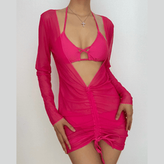 Solid cross back halter long sleeve ruched mini dress 3 piece swimwear | red tango dress
