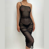 Sheer mesh see through one shoulder ruched irregular midi dress | samba dress