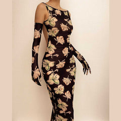 Sheer mesh sleeveless gloves backless flower pattern midi dress | samba dress