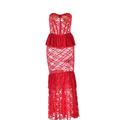 Sweetheart neck lace see through bustier ruched tube maxi dress | red tango dress
