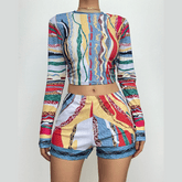 Contrast print crewneck long sleeve pant set