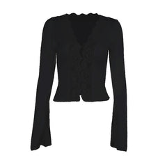 Long sleeve v neck lace hem button top