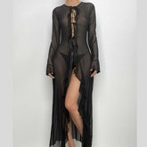 Flared sleeve ruffle sheer mesh see through self tie maxi dress | samba dress