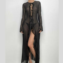 Flared sleeve ruffle sheer mesh see through self tie maxi dress | samba dress