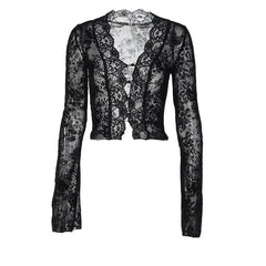 Long flared sleeve print lace hem button see through top