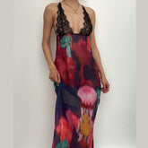 Cross back contrast leopard print v neck lace patchwork maxi dress | red tango dress