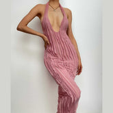 Textured ruffle solid halter self tie v neck backless maxi dress | red tango dress