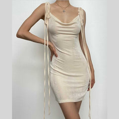 Cowl neck self tie backless ribbon solid mini dress | red tango dress