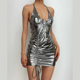 Cross front drawstring low cut metallic halter solid mini dress | black rave dress | black rave dress