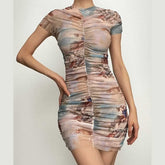 Sheer mesh see through abstract ruched short sleeve contrast mini dress | samba dress