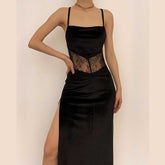 Cowl neck lace hem slit backless velvet cross back midi dress | black rave dress | black rave dress