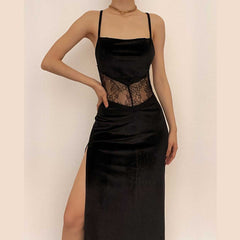 Cowl neck lace hem slit backless velvet cross back midi dress | black rave dress | black rave dress