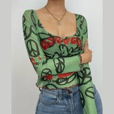 Long sleeve sheer mesh see through ruffle contrast print crop top