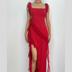 Ruffle cap sleeve slit square neck irregular solid maxi dress | red tango dress
