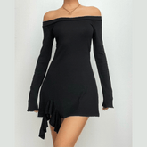 Ruffle solid long sleeve irregular off shoulder mini dress | red tango dress