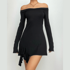 Ruffle solid long sleeve irregular off shoulder mini dress | red tango dress