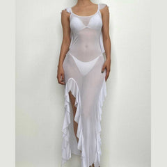Sheer mesh see through backless ruffle slit cap sleeve maxi dress | samba dress