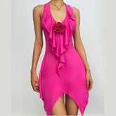 Halter flower applique backless ruffle u neck solid mini dress | red tango dress
