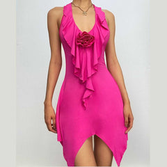 Halter flower applique backless ruffle u neck solid mini dress | red tango dress
