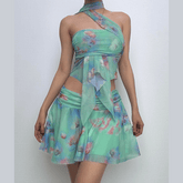 Halter ruched print ruffle mesh mini skirt set