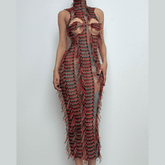 High neck hollow out mesh backless cut out midi dress | red tango dress