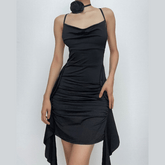 Cowl neck flower applique ruched backless solid mini dress | red tango dress