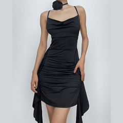 Cowl neck flower applique ruched backless solid mini dress | red tango dress