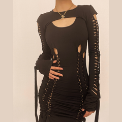 Hollow out solid long sleeve shrug ribbon u neck 2 piece dress | red tango dress
