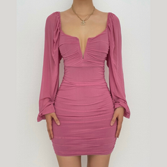 Mesh solid long sleeve ruched notch neck zip-up mini dress | red tango dress
