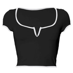Short sleeve ruched notch neck stitch crop top