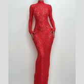 Long sleeve high neck see through lace maxi dress | red tango dress