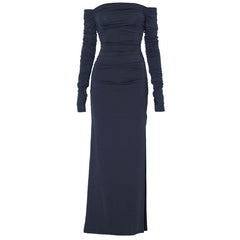 Off shoulder long sleeve slit ruched maxi dress