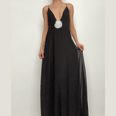 Flower applique v neck ruched zip-up cross back maxi dress | black rave dress | black rave dress