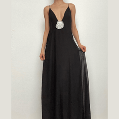 Flower applique v neck ruched zip-up cross back maxi dress | black rave dress | black rave dress