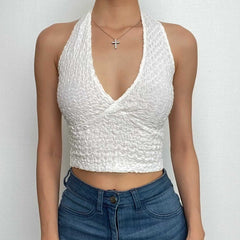 Halter v neck backless textured solid crop top