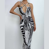 Contrast print cross front backless low cut maxi dress | black rave dress | black rave dress