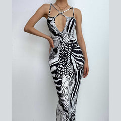 Contrast print cross front backless low cut maxi dress | black rave dress | black rave dress