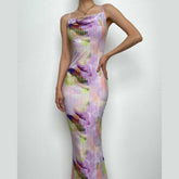 Backless cowl neck v neck contrast print cami maxi dress | red tango dress
