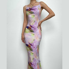 Backless cowl neck v neck contrast print cami maxi dress | red tango dress