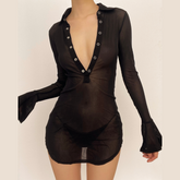 Sheer mesh see through button turnover collar flared sleeve mini dress | samba dress